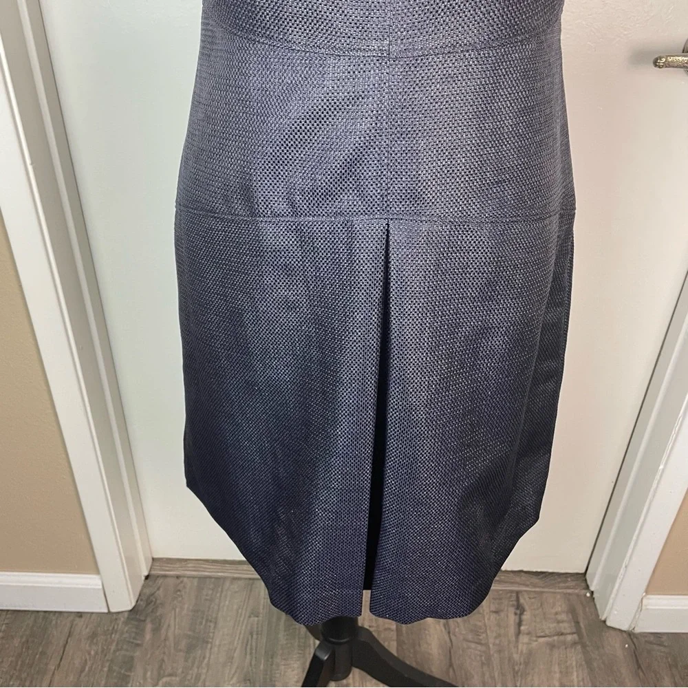 bebe Leather Trim Navy Blue Sleeveless Textured Dress Size M V-Neck Lined Party - Picture 5 of 13